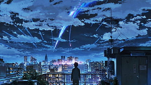 Anime Boy Watching Meteor Shower Over City Rooftop Night Sky HD wallpaper