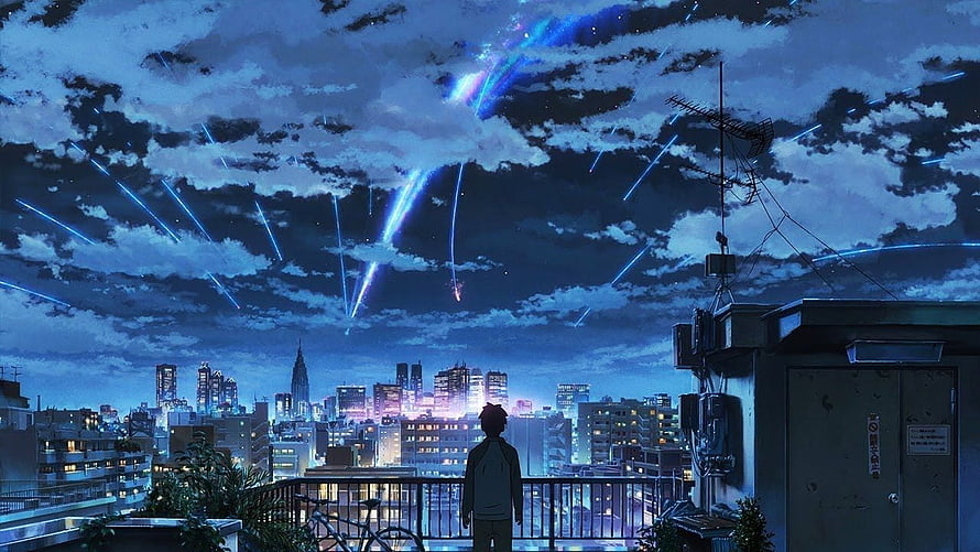 Anime Boy Watching Meteor Shower Over City Rooftop Night Sky HD wallpaper