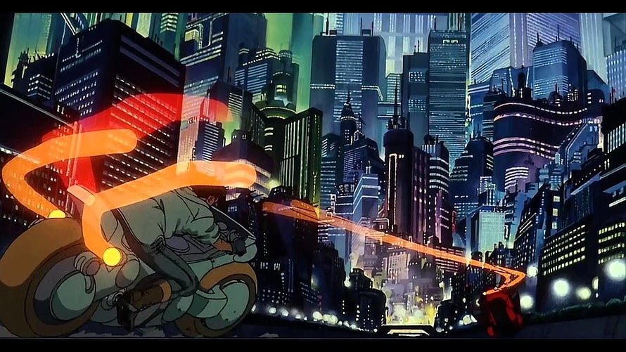 Akira Motorcycle Chase Through Neo Tokyo Cityscape at Night HD wallpaper