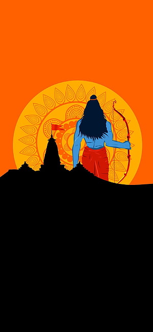 Blue-skinned Hindu deity holding a bow and arrow, standing before a temple silhouette against a vibrant orange sunburst background HD phone wallpaper
