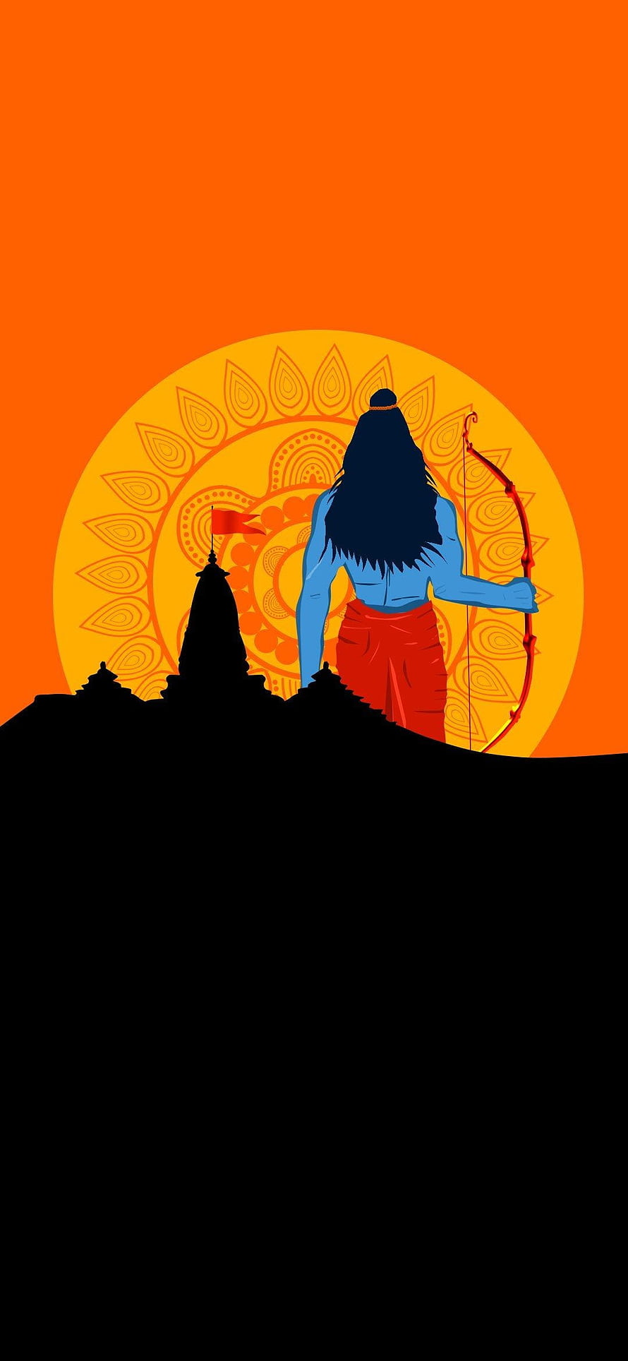 Blue-skinned Hindu deity holding a bow and arrow, standing before a temple silhouette against a vibrant orange sunburst background HD phone wallpaper