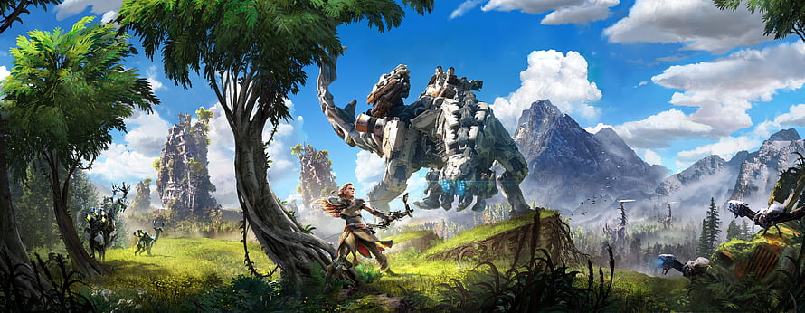 Horizon Forbidden West Concept Art Featuring Aloy and a Massive Mechanical Beast in a Lush Jungle HD wallpaper