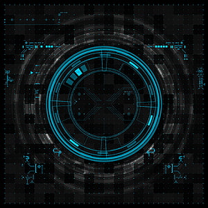 Futuristic Blue Holographic HUD Interface with Circular Data Display and Grid Background HD phone wallpaper