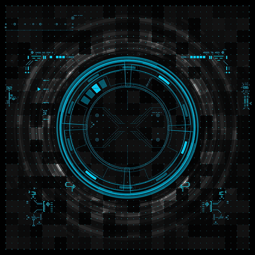 Futuristic Blue Holographic HUD Interface with Circular Data Display and Grid Background HD phone wallpaper