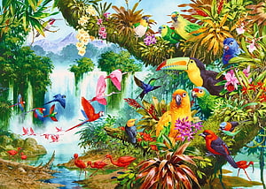 Vibrant tropical rainforest scene featuring a waterfall, exotic birds, and lush jungle foliage HD wallpaper