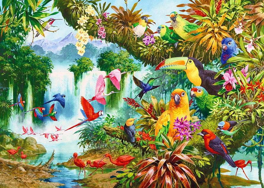 Vibrant tropical rainforest scene featuring a waterfall, exotic birds, and lush jungle foliage HD wallpaper