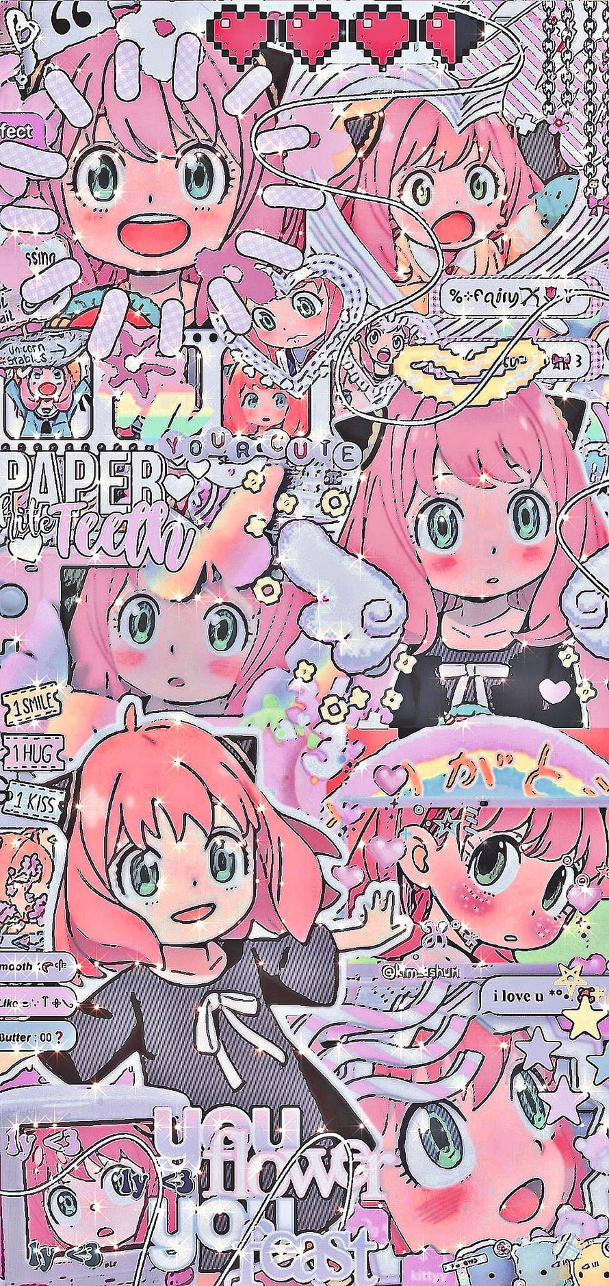 Anya Forger Anime Sticker Collage Wallpaper in Pastel Pink and Purple HD phone wallpaper