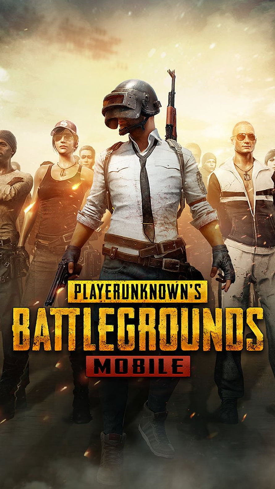 PUBG Mobile Key Art Featuring Central Soldier with Helmet and Pistol Amidst Group of Characters HD phone wallpaper