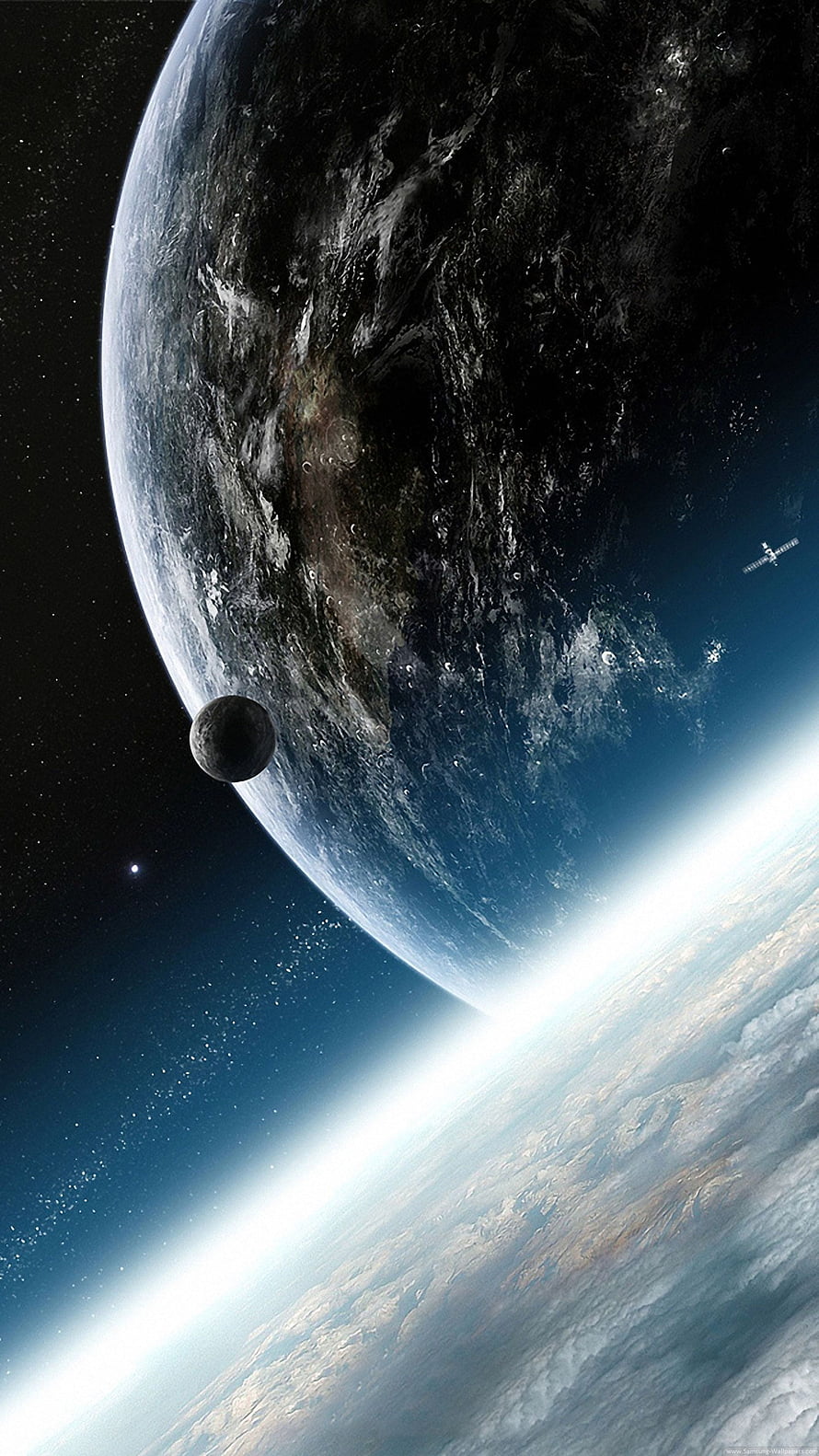 Stunning View of Earth and Moon from Space with Satellite and Starry Background HD phone wallpaper