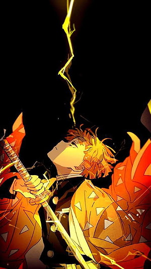 Zenitsu Agatsuma from Demon Slayer in a dramatic lightning strike scene with fiery orange tones HD phone wallpaper