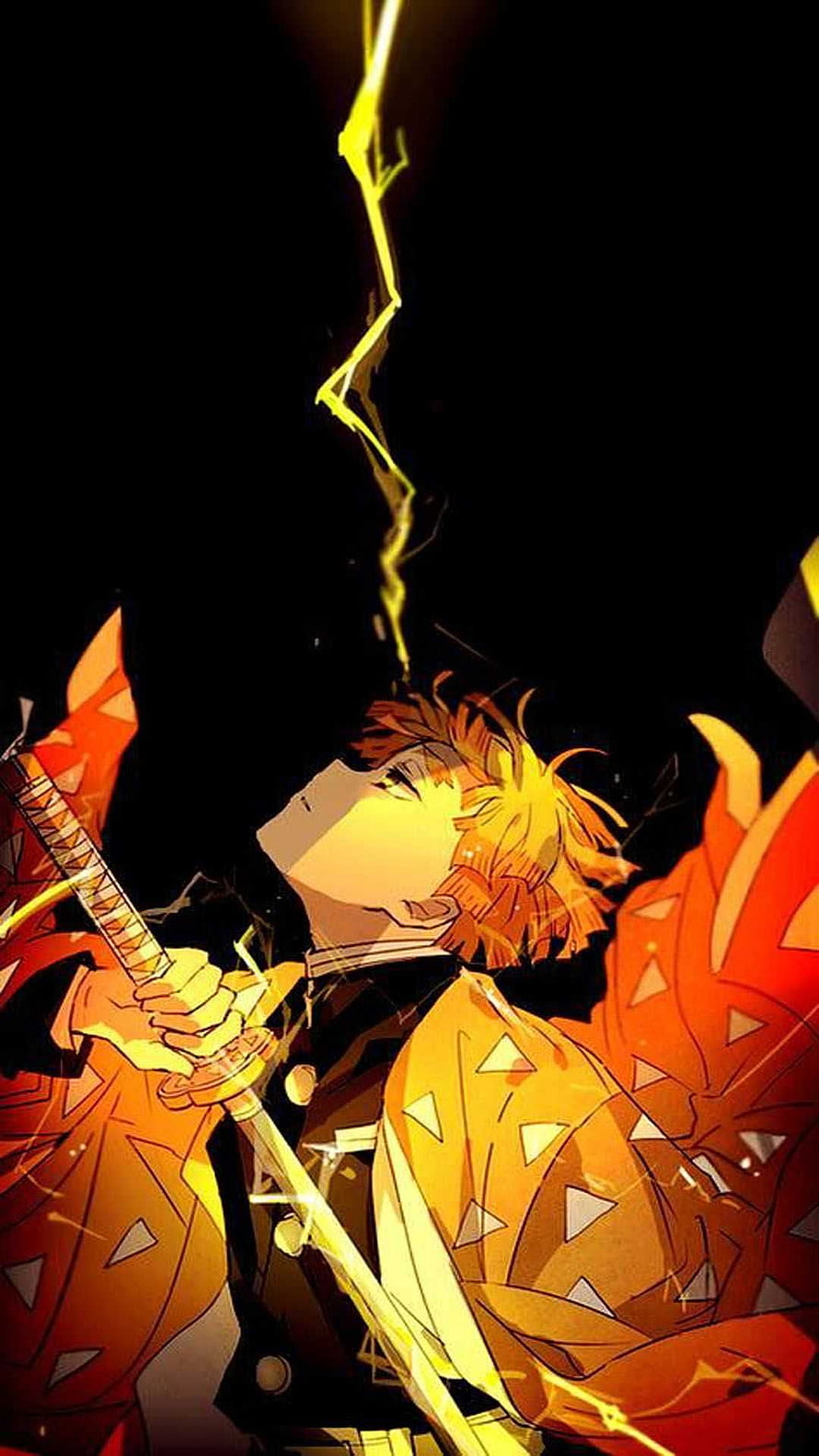 Zenitsu Agatsuma from Demon Slayer in a dramatic lightning strike scene with fiery orange tones HD phone wallpaper