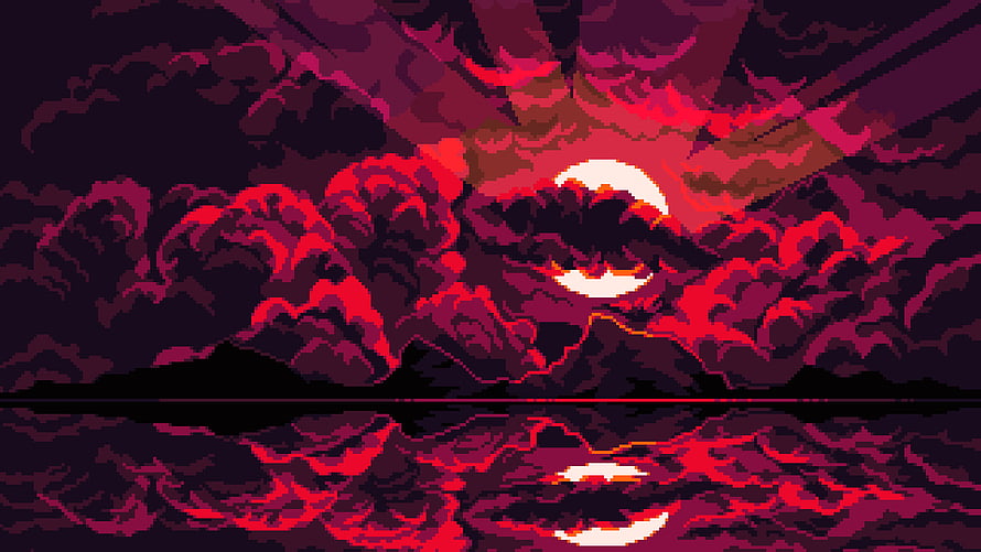 Pixel Art Red Moon Rising Over Dark Clouds and Water Reflection HD wallpaper