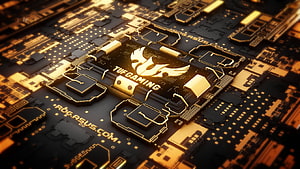ASUS TUF Gaming Motherboard Circuit Board with Golden Traces and Eagle Logo HD wallpaper