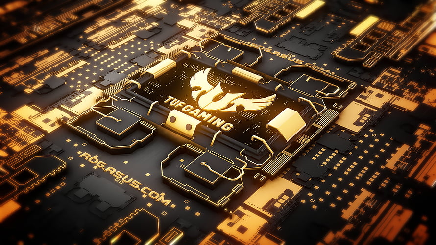 ASUS TUF Gaming Motherboard Circuit Board with Golden Traces and Eagle Logo HD wallpaper