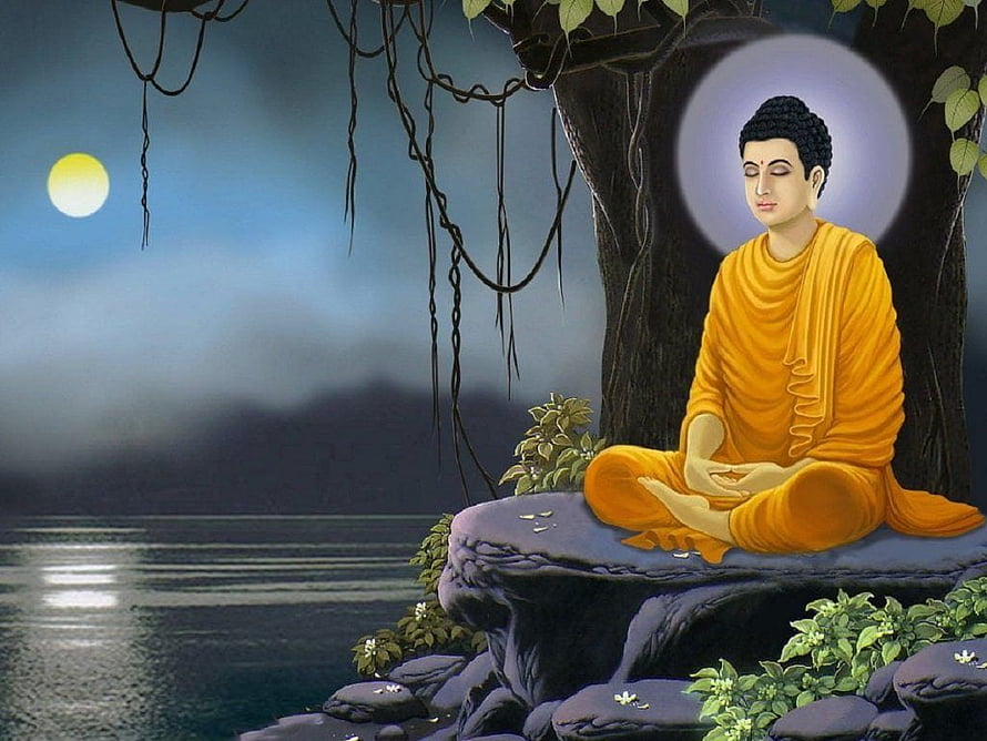 Buddha Meditating Under Bodhi Tree by Moonlit Lake HD wallpaper