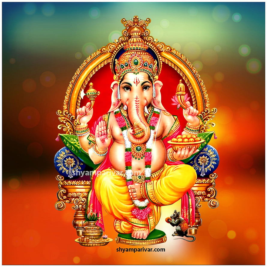 Lord Ganesha Digital Art Wallpaper with Golden Crown and Mouse HD phone wallpaper