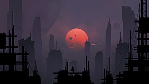 Minimalist Sci-Fi Cityscape with Red Planet and Silhouetted Skyscrapers HD wallpaper