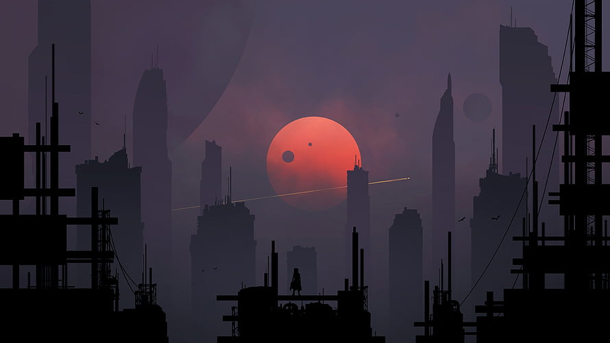 Minimalist Sci-Fi Cityscape with Red Planet and Silhouetted Skyscrapers HD wallpaper
