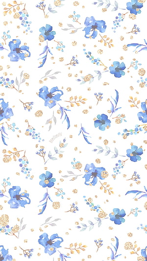 Watercolor Blue Floral Pattern with Gold Accents on White Background HD phone wallpaper