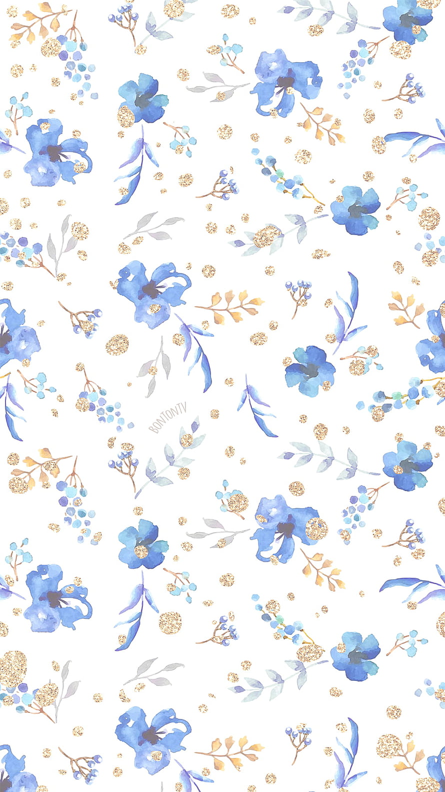 Watercolor Blue Floral Pattern with Gold Accents on White Background HD phone wallpaper