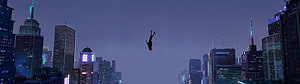 Spider-Man: Into the Spider-Verse Nighttime Cityscape with Falling Character HD wallpaper