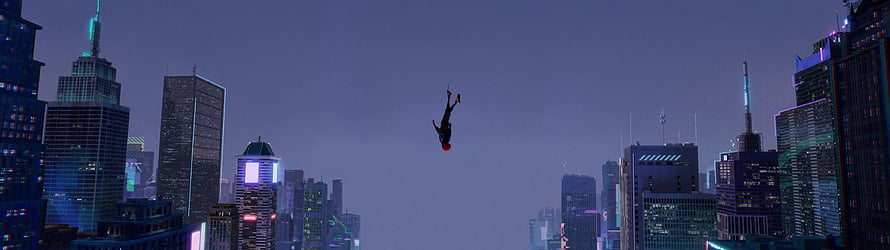 Spider-Man: Into the Spider-Verse Nighttime Cityscape with Falling Character HD wallpaper