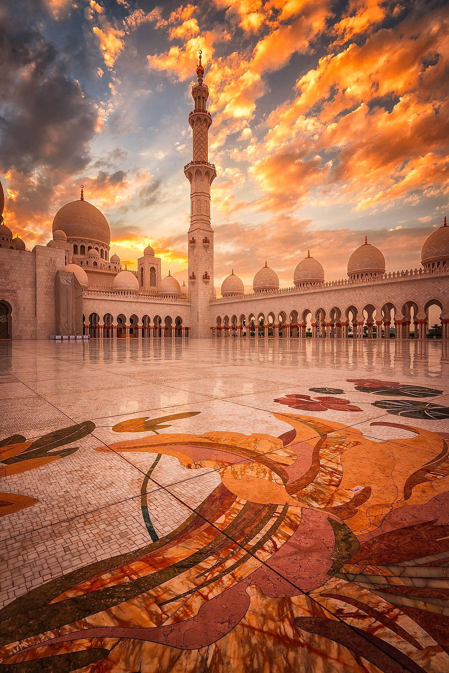 Sheikh Zayed Grand Mosque Courtyard at Sunset with Intricate Marble Mosaic Floor HD phone wallpaper