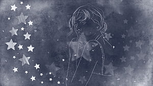 Dreamy Line Art Portrait of Girl with Finger on Lips Amidst Starry Night Sky HD wallpaper
