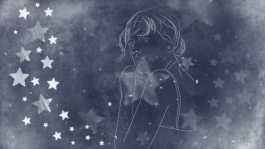 Dreamy Line Art Portrait of Girl with Finger on Lips Amidst Starry Night Sky HD wallpaper
