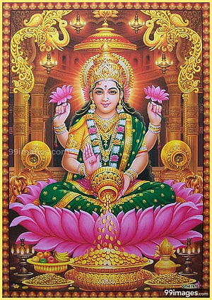 Goddess Lakshmi Sitting on Lotus with Gold Coins and Flowers HD phone wallpaper