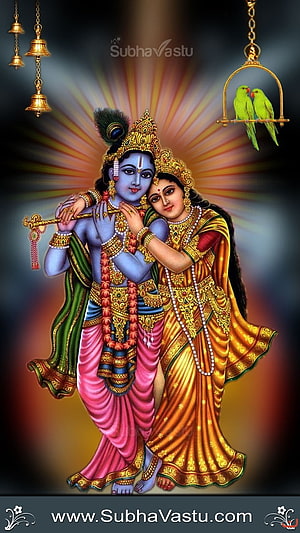 Radha Krishna Divine Embrace with Peacock Crown and Golden Temple Bells HD phone wallpaper