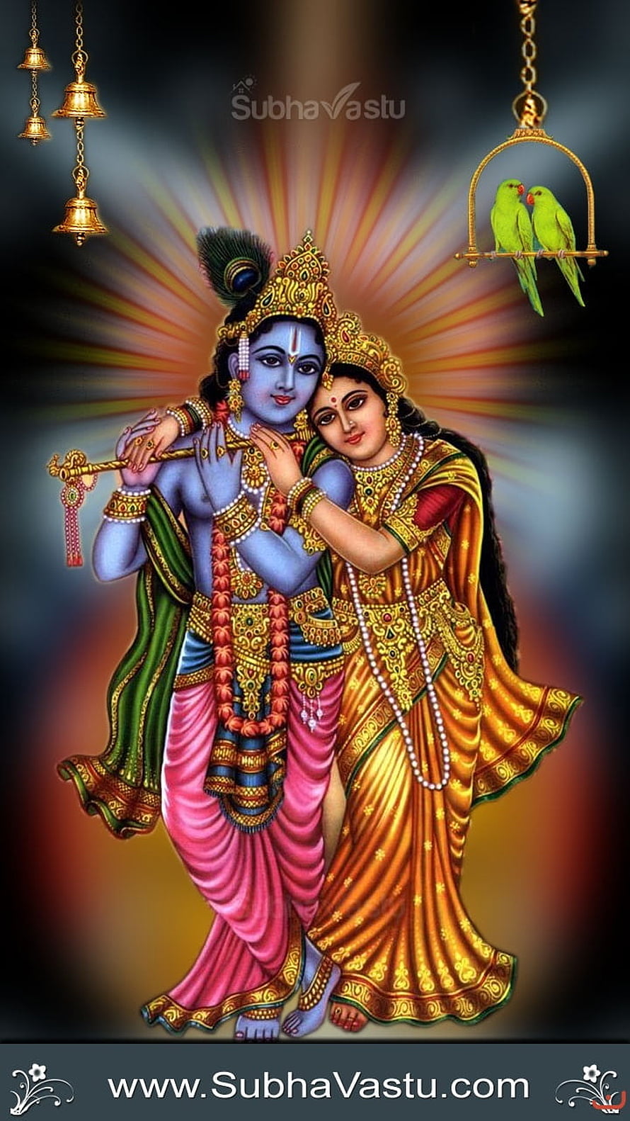 Radha Krishna Divine Embrace with Peacock Crown and Golden Temple Bells HD phone wallpaper