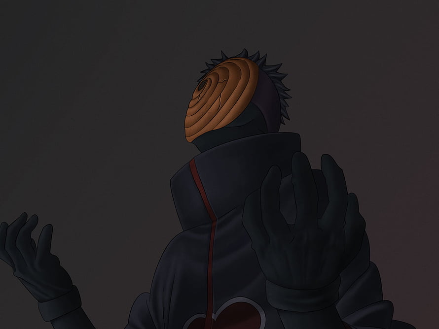 Tobi wearing the Akatsuki cloak and spiral mask in a dark anime style HD wallpaper