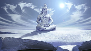 Lord Shiva Meditating on Snowy Mountain Peak Under Bright Sun HD wallpaper