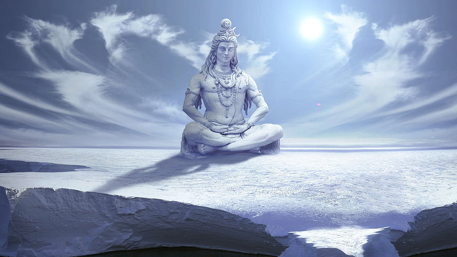 Lord Shiva Meditating on Snowy Mountain Peak Under Bright Sun HD wallpaper