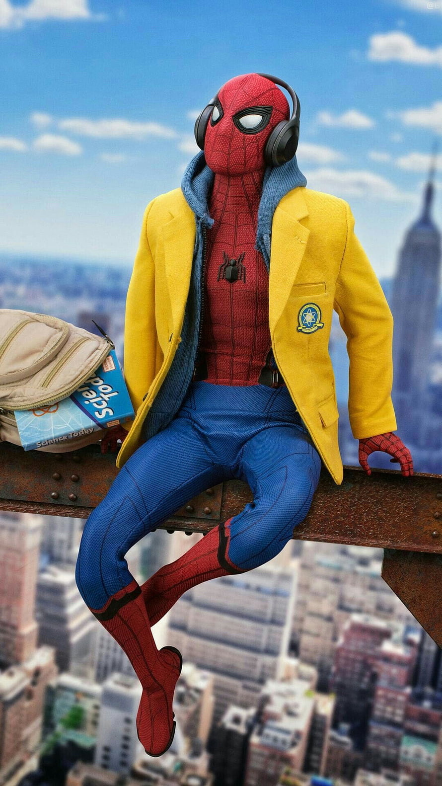 Spider-Man in Yellow Blazer and Headphones Sitting on a Rooftop Beam Over a City Skyline, Tom Holland Spiderman , Peter Parker Tom Holland HD phone wallpaper