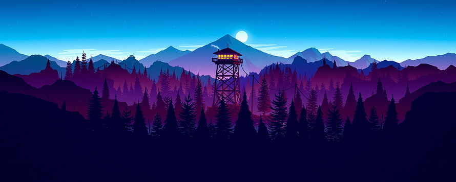 Nighttime Mountain Landscape With Illuminated Fire Tower And Pine Forest HD wallpaper