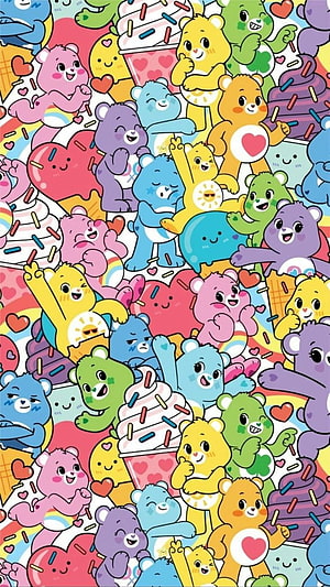 Colorful Kawaii Care Bears Pattern With Hearts And Sprinkles HD phone wallpaper