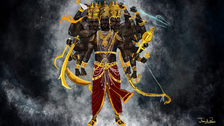 Lord Shiva as Mahakala with multiple arms holding weapons and trident against dark smoky background HD wallpaper