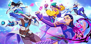 Valorant Champions 2023 animated wallpaper featuring Neon, Sage, Cypher, and Jett in dynamic action poses HD wallpaper