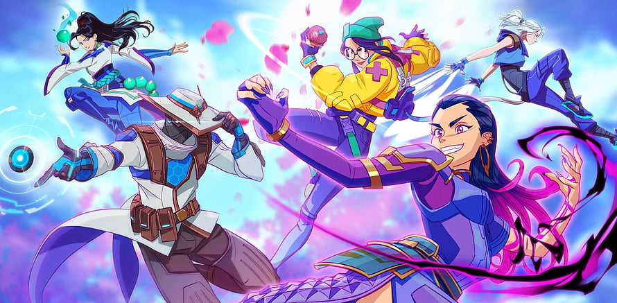 Valorant Champions 2023 animated wallpaper featuring Neon, Sage, Cypher, and Jett in dynamic action poses HD wallpaper