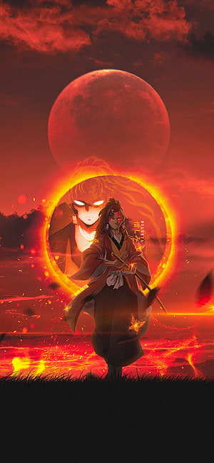 Kyojuro Rengoku Demon Slayer Anime Wallpaper with Flame Breathing and Red Moon HD phone wallpaper