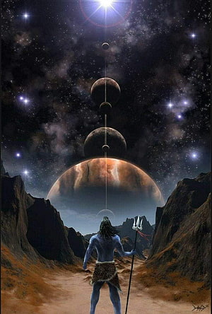 Aghori Mahadev Standing in Canyon with Trishul Under Cosmic Alignment HD phone wallpaper