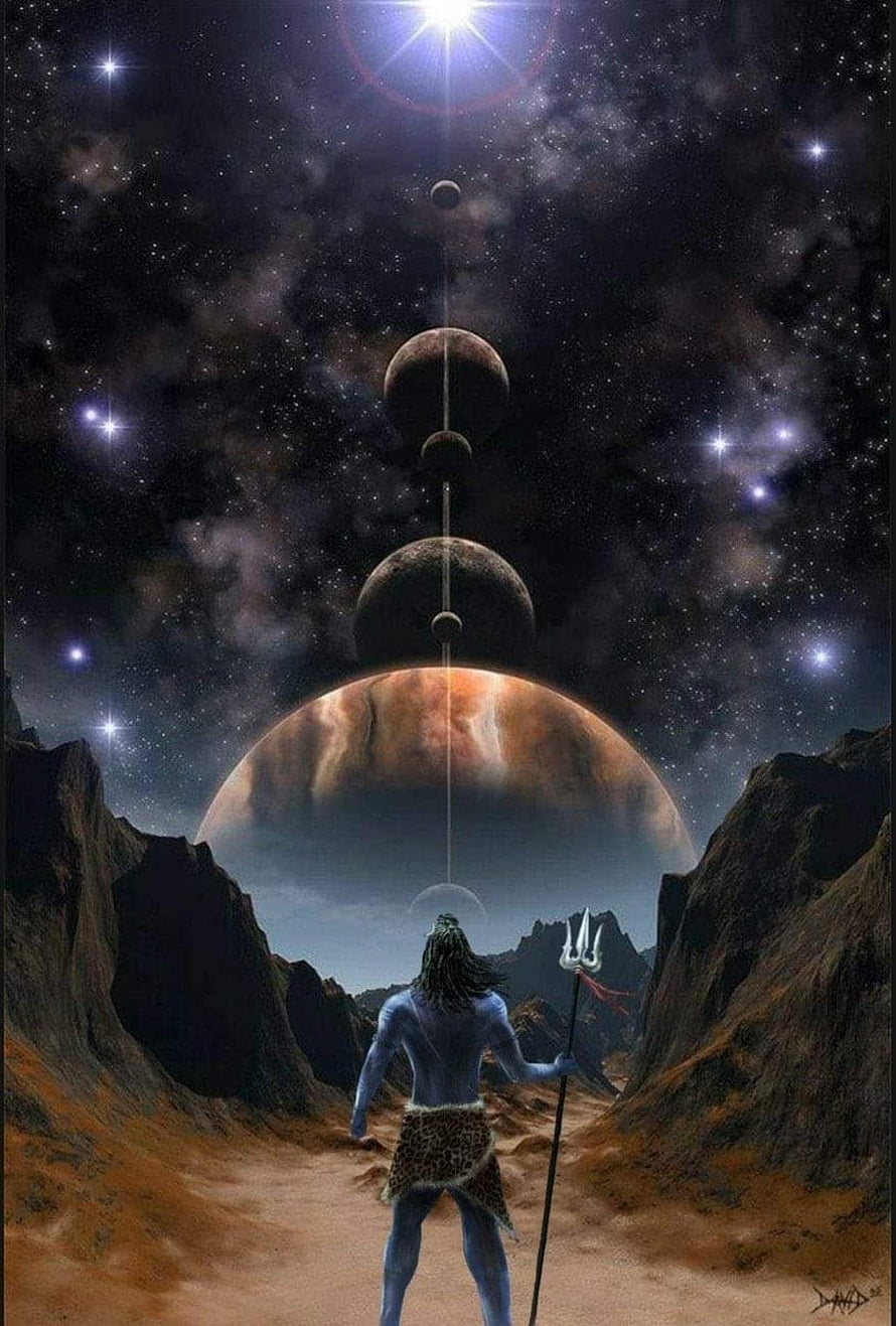 Aghori Mahadev Standing in Canyon with Trishul Under Cosmic Alignment HD phone wallpaper