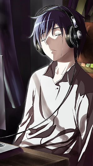 Anime Boy With Headphones And Closed Eyes In A Dimly Lit Room HD phone wallpaper