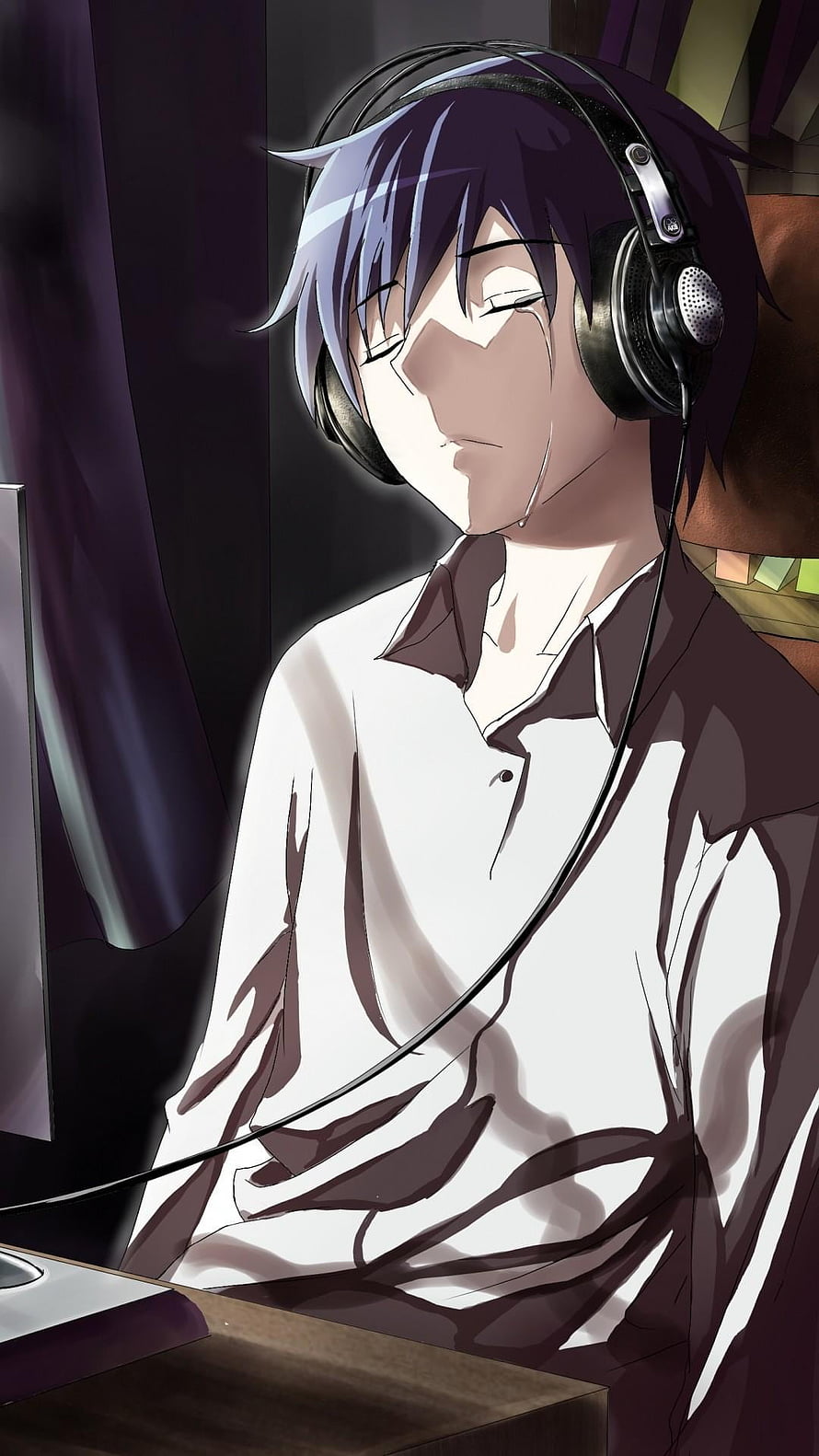 Anime Boy With Headphones And Closed Eyes In A Dimly Lit Room HD phone wallpaper
