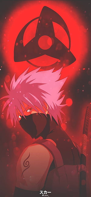 Kakashi Hatake with Akatsuki Cloud Symbol in Red Anime Style HD phone wallpaper