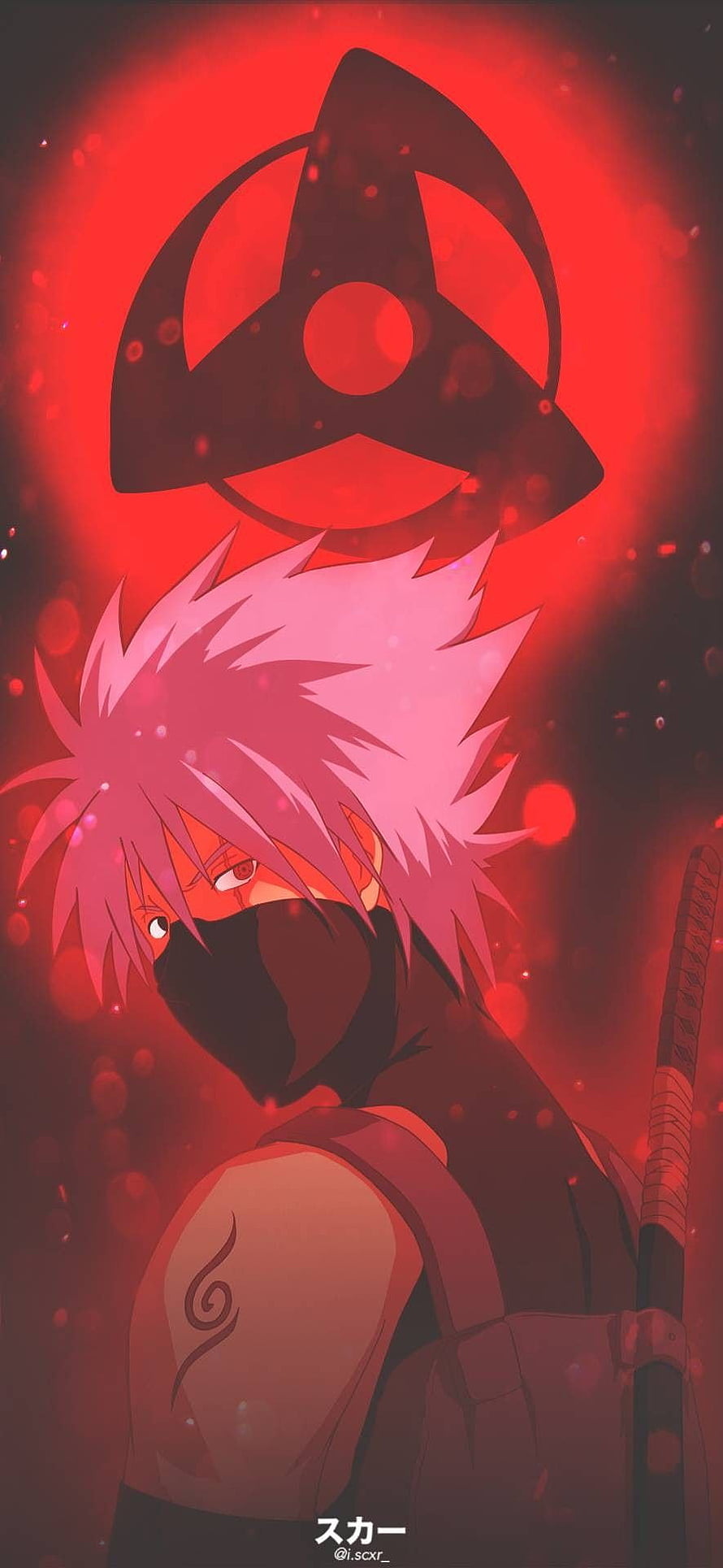 Kakashi Hatake with Akatsuki Cloud Symbol in Red Anime Style HD phone wallpaper