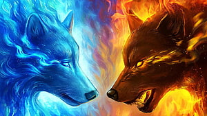 Fire and Ice Wolves Digital Art Wallpaper HD wallpaper
