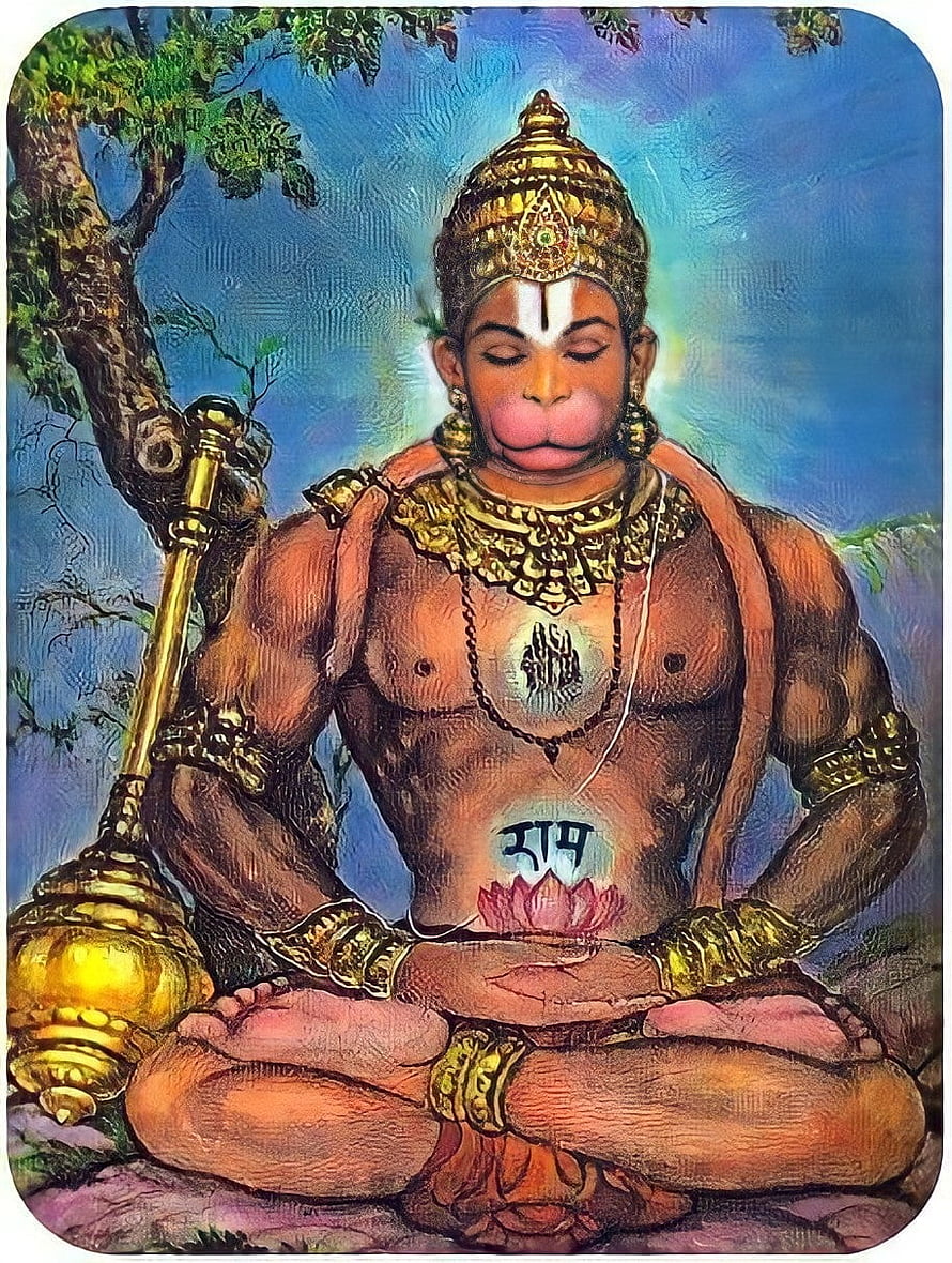 Hanuman meditating in lotus pose with golden mace and sacred symbols, Hanuman In Meditation : R Hinduism, Hanuman Meditation HD phone wallpaper